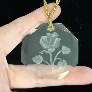 Vintage rose etched glass pendant -